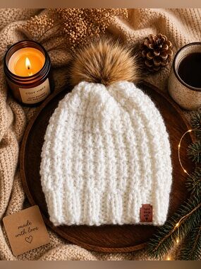 Handmade white Knit Pom Pom Beanie for women
